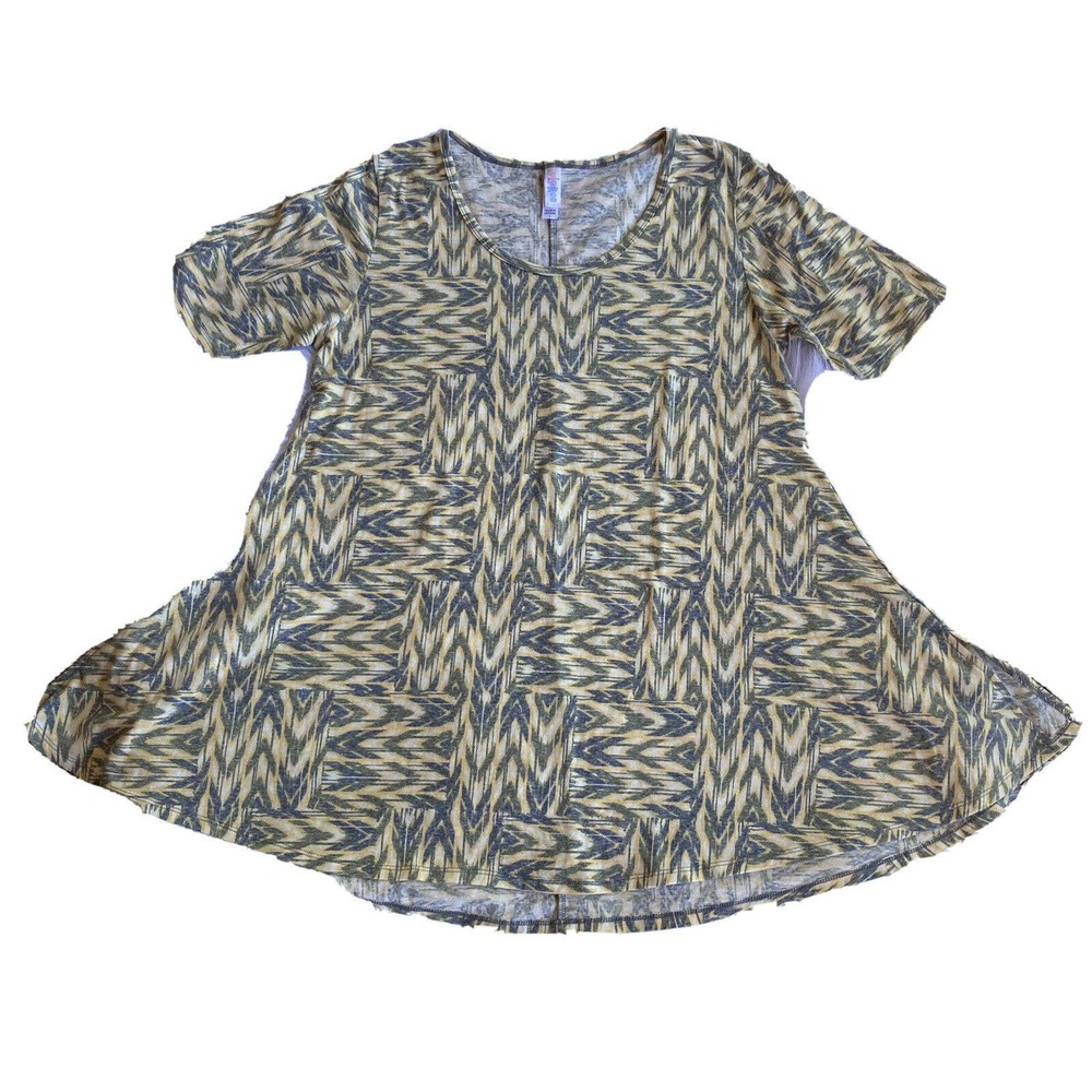Lularoe Flared Tunic Top Sz S Yellow Grey Geometric Abstract Blouse Shirt Womens